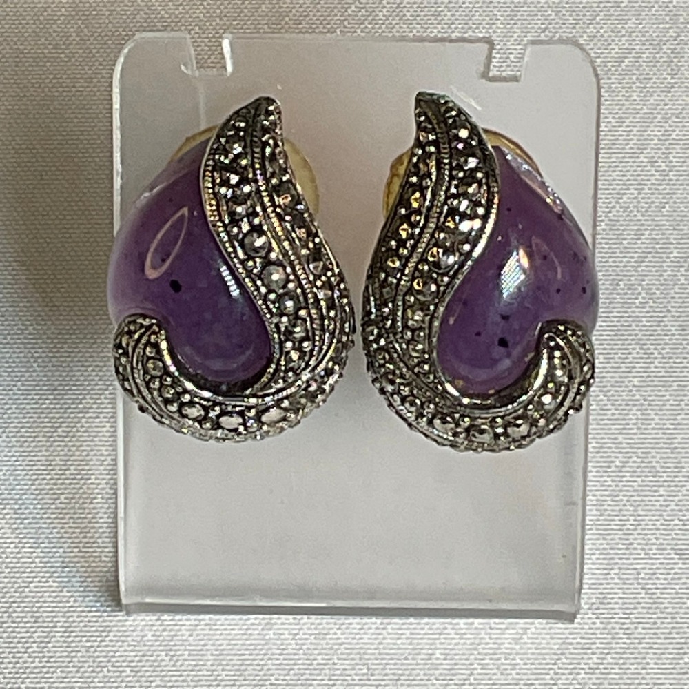 💜 Vintage Sterling Silver Marcasite & Amethyst Earrings – Pierced 💜 - Picture 1 of 5